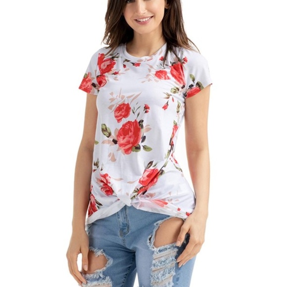 Rob Zelter Tops - Reddish Floral Short Sleeve Knot Top
